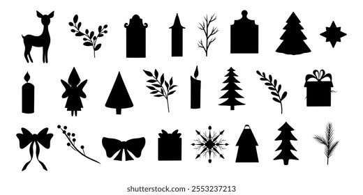 Christmas Icons Set, Silhouettes Clipart, New Year Set, Christmas Trees, Houses, Deer, Candle, Angel, Twigs