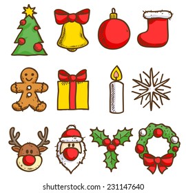 Christmas icons set. Sketch style. Holiday symbols.