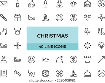 Christmas icons set. Snowflakes, Christmas balls, gift box and more,  Editable stroke. Big web and UI icon set in a flat design. Thin outline icons pack. Vector illustration