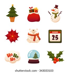 Christmas icons set with snowman, calendar, xmas plants, bear, bag with gifts, glass bowl, gifts, fir tree and other objects. Vector collection for your christmas and New Year design.