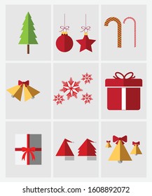 Christmas icons set, snowman, gift, christmas tree, santa hat.