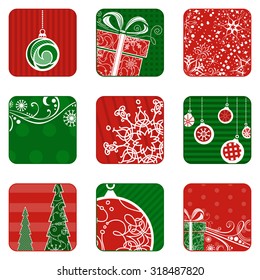 Christmas icons set. Square festive design elements isolated on white background. Christmas tree, Christmas decorations, snowflakes, gifts and Christmas balls. Red and green illustrations.