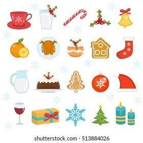 Christmas Icons Set. Set Of Traditional Christmas Symbols. Holiday Dinner Food Icons. Vector Illustration