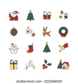 Christmas icons set. Vector collection for Christmas and winter holiday. Isolated Christmas icon - Santa, Gift, Snowman, Christmas Tree, Star, deer, etc.