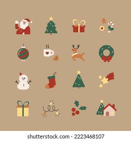 Christmas icons set. Vector collection for Christmas and winter holiday. Isolated Christmas icon - Santa, Gift, Snowman, Christmas Tree, Star, deer, etc.