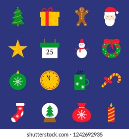 Christmas icons set. Vector illustration in flat design on blue background