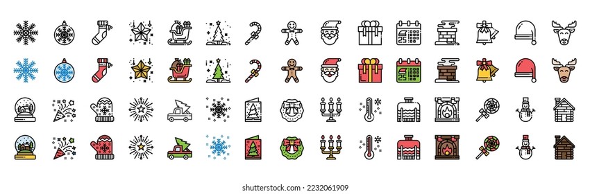 Christmas Icons set. Vector Illustration, snowman, holiday, santa, winter