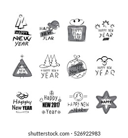 Christmas icons set - vector illustration. Thin line. Collection of old typographic tree, snowflake and xmas symbols shape. Hand drawn retro style. Graphic design, xmas 2017 creative concept
