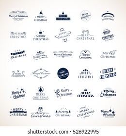 Christmas icons set - vector illustration. Thin line. Collection of old typographic tree, snowflake and xmas symbols shape. Hand drawn retro style. Graphic design, xmas 2017 creative concept