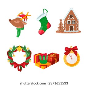 Christmas icons set. Vector illustrations of reindeer, gift boxes, decorative wreath, gingerbread house and clock. Christmas celebration, holiday concept