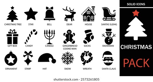 Christmas icons set vector illustrations. traditional symbols of New Year celebration, flat design. A well organized collection of adaptable solid vector icons