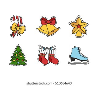 Christmas Icons set, vector outline and colour color illustrations