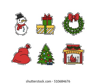 Christmas Icons set, vector outline and colour color illustrations