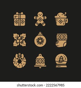 Christmas icons set. Vector pictograms for gift, wreath, bell, berry, gingerbread man, snowball, Christmas tree ball and stocking on black background. Common symbols perfect for cards and invitations