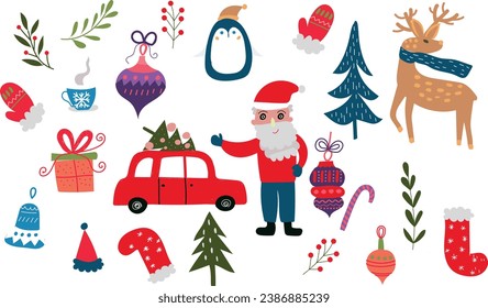 navidad e iconos conjunto vector, Santa, coche rojo con árbol de Navidad, decoración de árboles de Navidad, medias navideñas