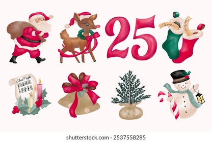 christmas icons set with watercolor