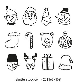 Christmas icons set for web, mobile, decoration kids celebration, party, labels for drink o food. Outline Vector Icons. Santa claus, elf, snowman, christmas tree, bear, gift, deer, ball, candy.
