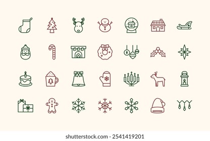 Christmas icons set. Winter holiday symbol line elements. Isolated linear vector icons collection.