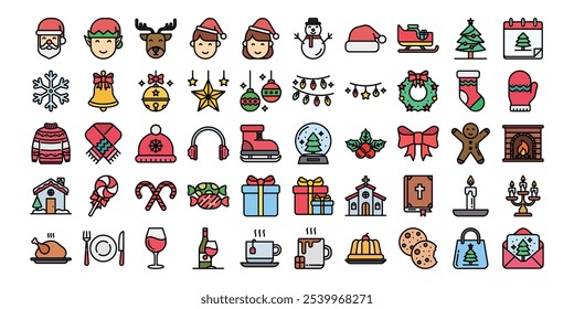 Christmas icons set.Colourful vector collection for Xmas and Season's Greetings themes. Winter holiday symbols.Vector illustrations.