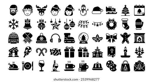 Christmas icons set.Flat solid vector collection for Xmas and Season's Greetings themes. Winter holiday symbols.Vector illustrations.