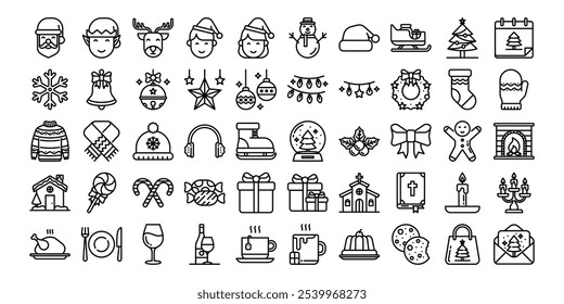 Conjunto de iconos de Navidades. colección de Vector de esquema para temas de Navidad y saludos de temporada. Símbolos de vacaciones de invierno. Ilustraciones vectoriales.