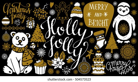 Christmas icons, sign, patches, stickers. Handwritten font. Cartoon trees, snowflakes, birds, gift box, balls, bells, angel, bear, cakes, stocking, hat, penguin, speech bubble, flower, gingerbread man