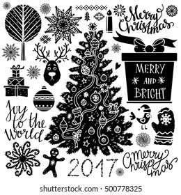 Christmas icons, signs, symbols. Handwritten text. Hand drawn trees, reindeer, snowflakes, burning candle, balls, gift boxes, bird, mittens, gingerbread man, 2017 number