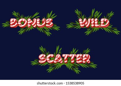 Christmas icons for slots. Bonus, Scatter and wild text. Vector set New Years icons