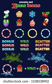 Christmas icons for slots. Create vector set New Years icons. Assets 2D game