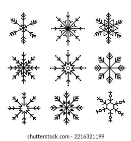 Juego de copos de nieve con iconos de Navidad. Ilustraciones vectoriales. feriado de navidad.
