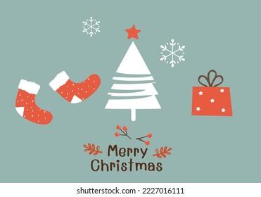 Christmas icons with socks, berry branch, pine tree, snowflakes and gift box on green background vector illustration.