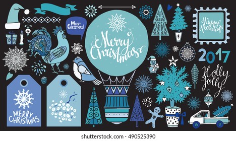 Christmas icons, symbols, mark. Handwritten text. Hand drawn pine trees, birds, snowflake, ballon, ball, riboon, rooster, hat, gingerbread man, snowman, fireworks, car. Isolated on black background