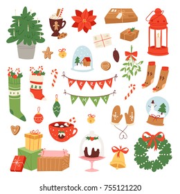 Christmas icons symbols vector for New Year celebration decoration illustration of Xmas festive ornament symbols. Tree Balls, food, Christmas or 2018 New Year plant tree, gift boxes