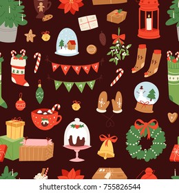 Christmas icons symbols vector for New Year celebration decoration illustration of Xmas festive ornament symbols. Tree Balls, food, new year plant tree, gift boxes seamless pattern background