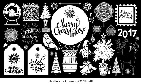 Christmas icons, tags, mark. Handwritten text. Hand drawn cartoon trees, hot air balloon, reindeer, snowflakes, birds, gift box, snow globe, rowan, bells, sugar cane, arrow, 2017 number