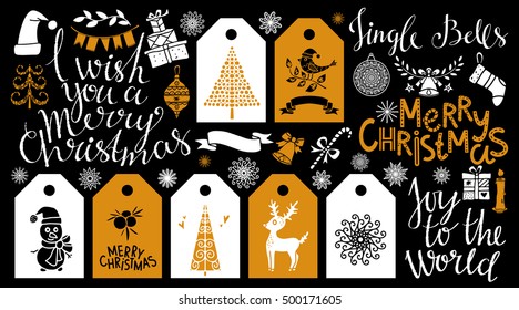 Christmas icons, tags, patches, stickers, labels. Handwritten font. Hand drawn cartoon trees, reindeer, snowflakes, bird, gift box, ball, bell, sugar cane, candle, flags, santa hat, stars, stocking