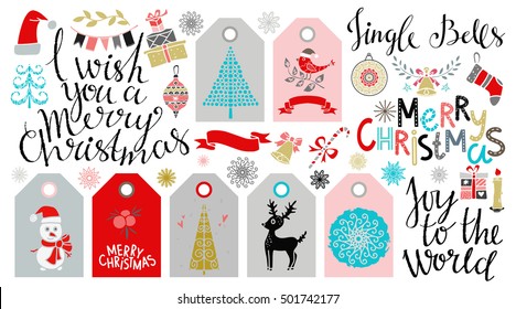 Christmas icons, tags, patches, stickers, labels. Handwritten font. Hand drawn cartoon trees, reindeer, snowflakes, bird, gift box, ball, bell, candle, flags, santa hat, stars, stocking, snowman