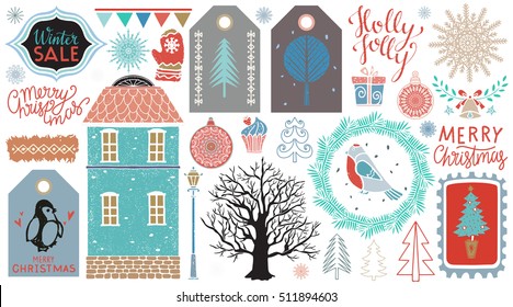 Christmas icons, tags, patches, stickers, labels. Handwritten font. Hand drawn cartoon trees, snowflakes, birds, gift box, balls, bell, flags, house, mittens, lamp, cake