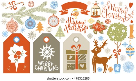 Christmas icons, tags, signs, symbols. Handwritten font. Hand drawn cartoon trees, reindeer, snowflakes, bird, gift box, ribbon, toy, burning candle, lantern, mistletoe, sugar cane, hearts, balls