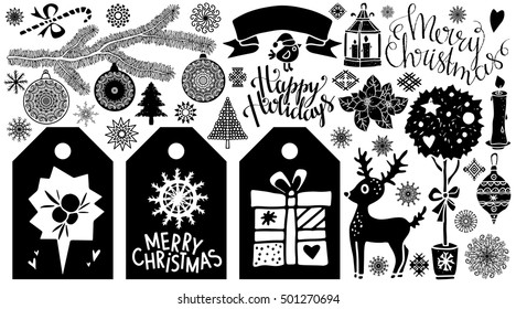 Christmas icons, tags, signs, symbols. Handwritten font. Hand drawn cartoon trees, reindeer, snowflakes, bird, gift box, ribbon, toy, burning candle, lantern, mistletoe, sugar cane, hearts, balls