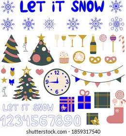 Christmas icons thin line set. Simple style color vector symbols isolated on white. There are tree, cake, snowflake, alcohol, glass, present, clock, sock and others.