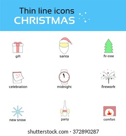 Christmas Icons Thin Line Set Collection Vector Illustration
