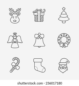 Christmas icons, thin line style, on white.