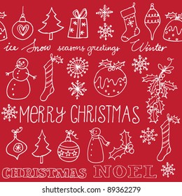Christmas icons tree balls pudding seamless background