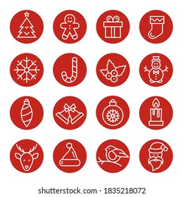 Iconos de Navidad. Árbol de Navidad, galleta de jengibre, mistletoe, muñeco de nieve, santa, reno y símbolos navideños más clásicos, conjunto de iconos de línea vectorial.