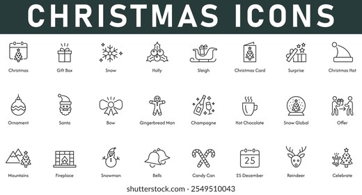 Christmas Icons vector illustration with thin line editable stroke contain gift box snow celebrate 25 December bells mountains Santa ornament offer snow globe champagne candy cane holly