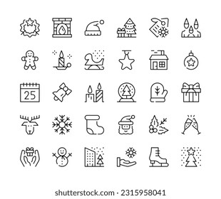 Christmas icons. Vector line icons set. Happy New Year, xmas, celebration, winter holidays concepts. Black outline stroke symbols