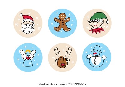 Christmas icons vector set of cute cartoon  characters. Santa Claus, ginger man, elf, angel, deer and snowman. One continuous line art drawing of Christmas icons, signs, symbols.