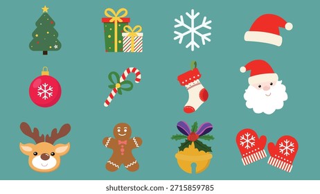 Christmas icons vector set featuring festive holiday illustrations: Christmas tree, gift box, stocking, snowflake, ornament, Santa hat, and bell. Perfect clipart for greeting cards, social media posts, web design, and winter projects.