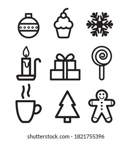Christmas icons vector set. Gift box with ribbon bow, candy, ginger man, cup, cake, snowflake, ball, fir tree, candle, garland. New Year celebration tradition pictograms. Pack of festive pictograms.

